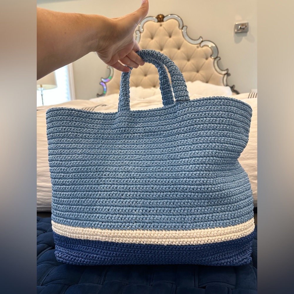 Prada Large Raffia Tote Beach Bag Shopping Light Blue - Picture 9 of 12